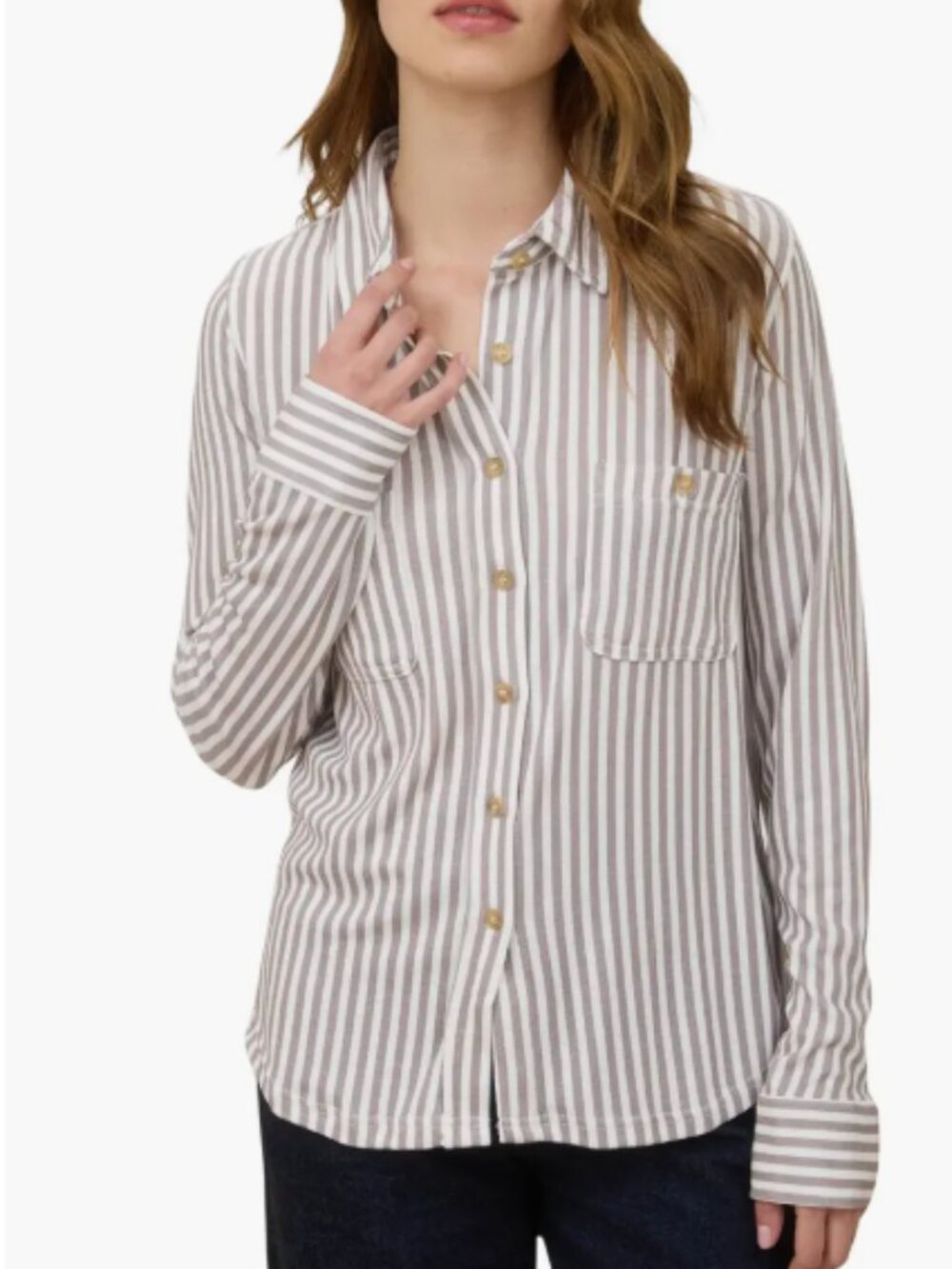 Blu Pepper Women's LS Button Front Shirt Mocha Stripe Large